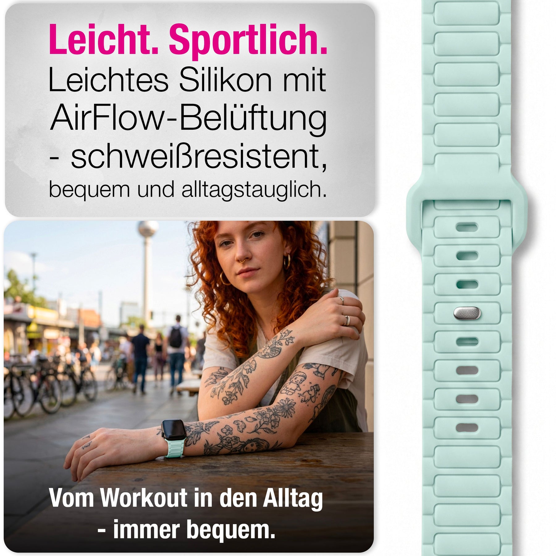 NALIA Pulse Silikon Armband kompatibel mit Apple Watch Armband iWatch Series Ultra/SE 10 9 8 7 6 5 4 3 2 1, 42/44/45/46/49mm, 3D Sportarmband mit Steck-Pin Verschluss Eisminze NALIA Silikon Armband