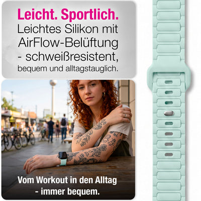 NALIA Pulse Silikon Armband kompatibel mit Apple Watch Armband iWatch Series Ultra/SE 10 9 8 7 6 5 4 3 2 1, 42/44/45/46/49mm, 3D Sportarmband mit Steck-Pin Verschluss Eisminze NALIA Silikon Armband