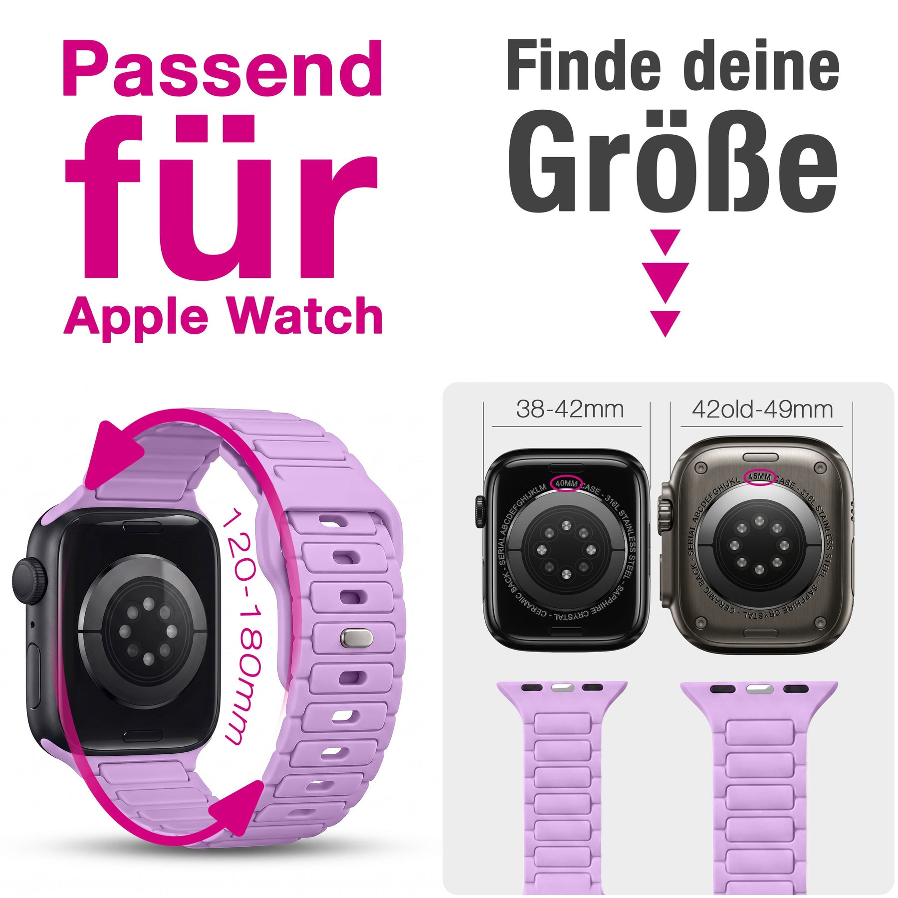 NALIA Pulse Silikon Armband kompatibel mit Apple Watch Armband iWatch Series Ultra/SE 10 9 8 7 6 5 4 3 2 1, 42/44/45/46/49mm, 3D Sportarmband mit Steck-Pin Verschluss Flieder Lila NALIA Silikon Armband