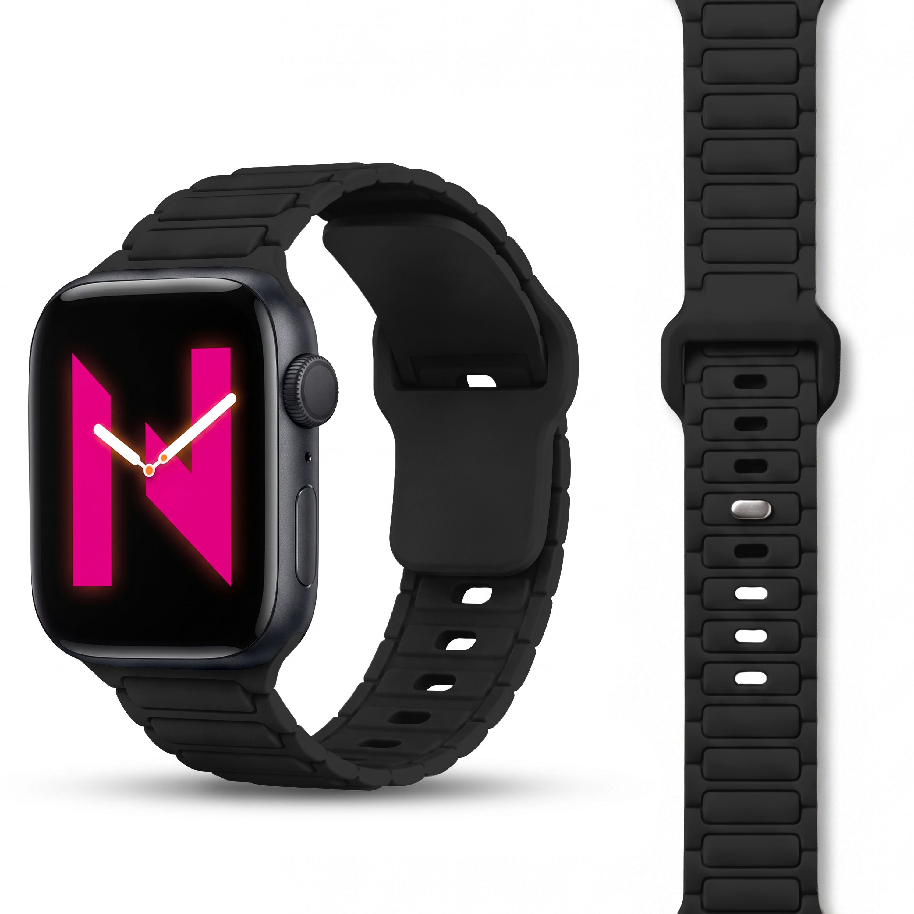 NALIA Pulse Silikon Armband kompatibel mit Apple Watch Armband iWatch Series Ultra/SE 10 9 8 7 6 5 4 3 2 1, 42/44/45/46/49mm, 3D Sportarmband mit Steck-Pin Verschluss Nachtschwarz NALIA Silikon Armband