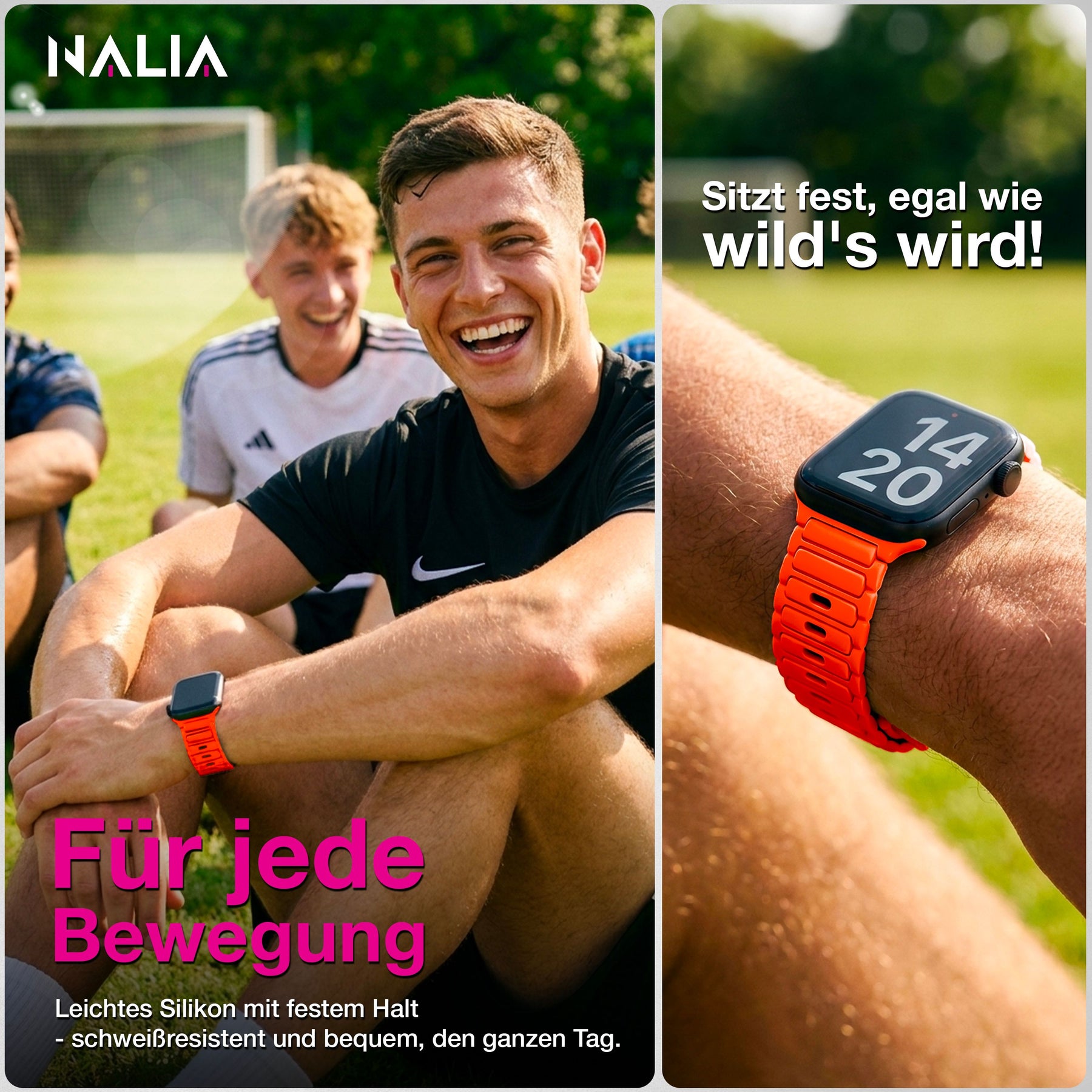 NALIA Pulse Silikon Armband kompatibel mit Apple Watch Armband iWatch Series Ultra/SE 10 9 8 7 6 5 4 3 2 1, 42/44/45/46/49mm, 3D Sportarmband mit Steck-Pin Verschluss Neon Orange NALIA Silikon Armband