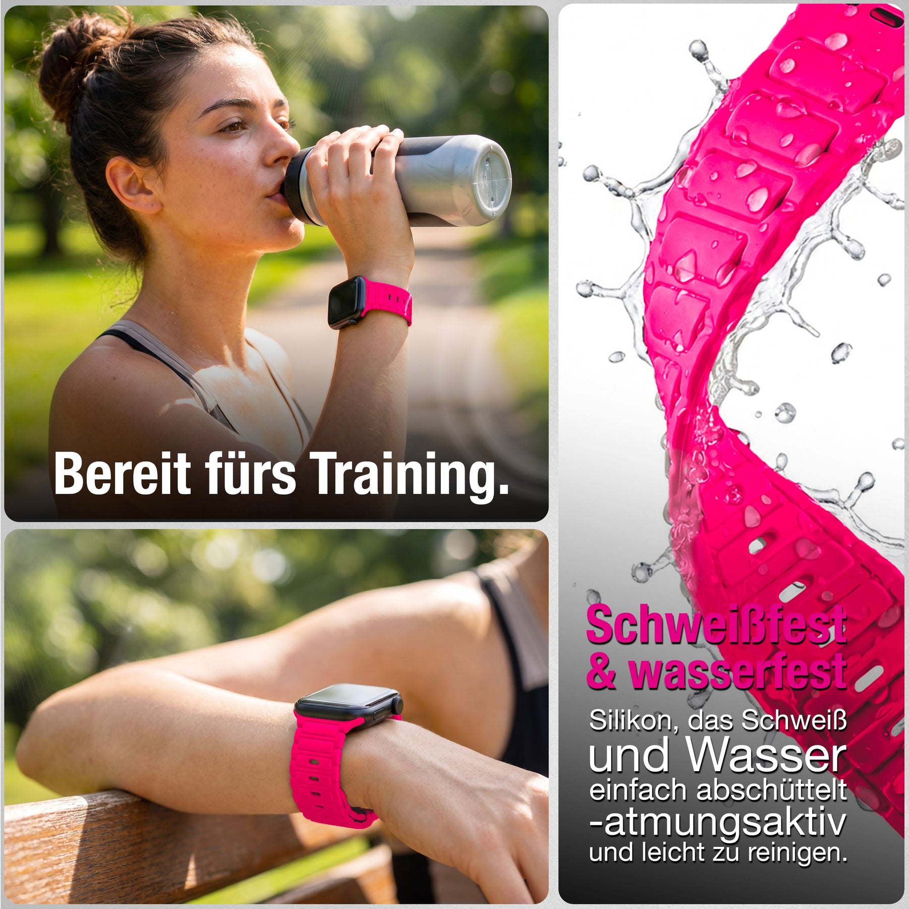 NALIA Pulse Silikon Armband kompatibel mit Apple Watch Armband iWatch Series Ultra/SE 10 9 8 7 6 5 4 3 2 1, 42/44/45/46/49mm, 3D Sportarmband mit Steck-Pin Verschluss Neon Pink NALIA Silikon Armband