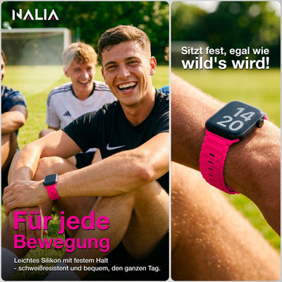 NALIA Pulse Silikon Armband kompatibel mit Apple Watch Armband iWatch Series Ultra/SE 10 9 8 7 6 5 4 3 2 1, 42/44/45/46/49mm, 3D Sportarmband mit Steck-Pin Verschluss Neon Pink NALIA Silikon Armband