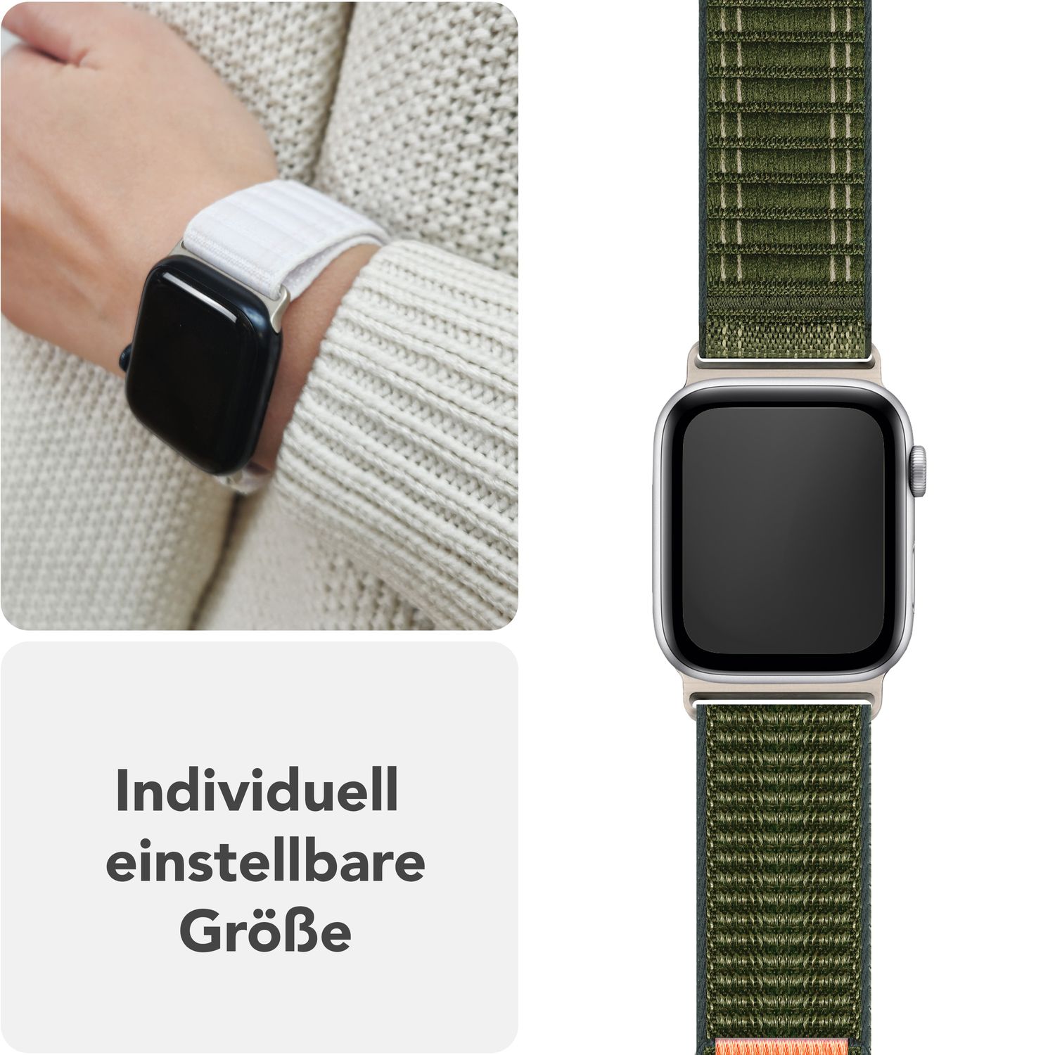 NALIA Evolv Armband für Apple Watch SE/10/9/8/7/6/5/4/3/2/1, Gehäusegröße 38/40/41/42mm, Gewebtes Stoffband Elastisches Nylon Uhrenband mit Klettverschluss Waldgrün NALIA Nylon Armband