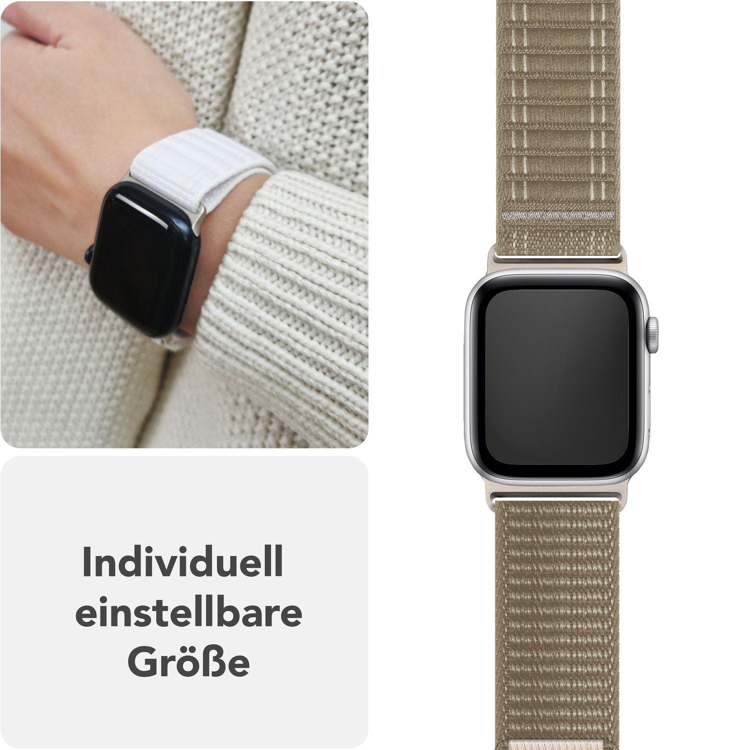 NALIA Evolv Armband für Apple Watch SE/10/9/8/7/6/5/4/3/2/1, Gehäusegröße 38/40/41/42mm, Gewebtes Stoffband Elastisches Nylon Uhrenband mit Klettverschluss Latte Macchiato NALIA Nylon Armband
