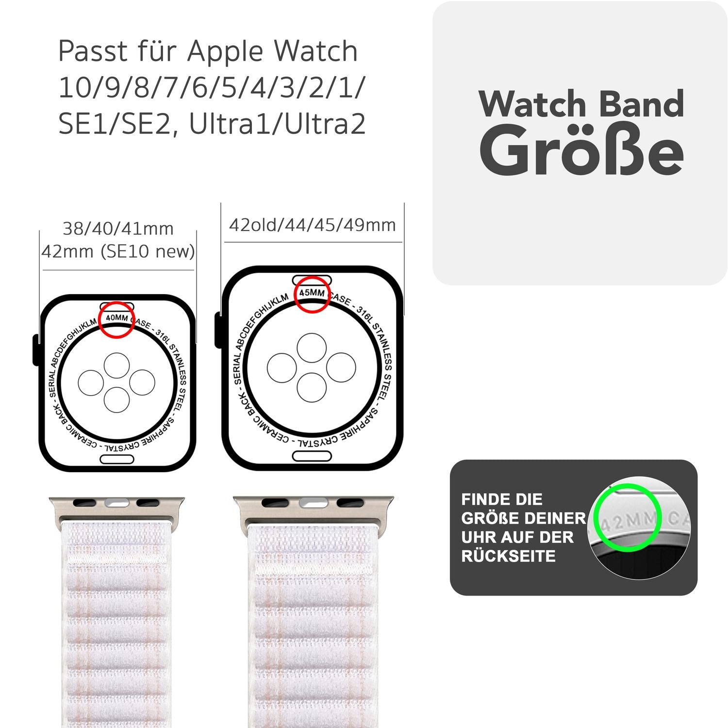 NALIA Evolv Armband für Apple Watch Ultra/SE/10/9/8/7/6/5/4/3/2/1, Gehäusegröße 42/44/45/46/49mm, Gewebtes Stoffband Elastisches Nylon Uhrenband mit Klettverschluss Polarweiß NALIA Nylon Armband