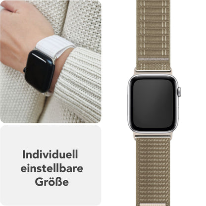 NALIA Evolv Armband für Apple Watch Ultra/SE/10/9/8/7/6/5/4/3/2/1, Gehäusegröße 42/44/45/46/49mm, Gewebtes Stoffband Elastisches Nylon Uhrenband mit Klettverschluss Latte Macchiato NALIA Nylon Armband