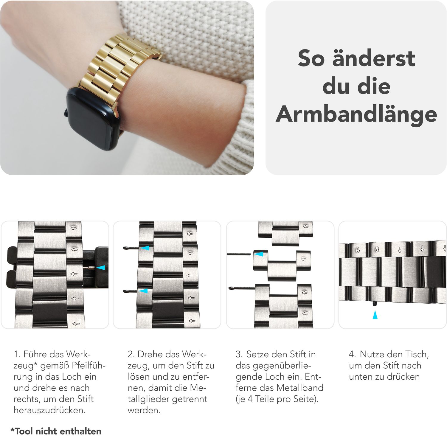 NALIA Mova Armband für Apple Watch SE/10/9/8/7/6/5/4/3/2/1, Gehäusegröße 38/40/41/42mm, Edelstahl Ersatzarmband mit Doppelfaltschließe, Metall Rostfrei Eisstern Silber NALIA Metall Armband