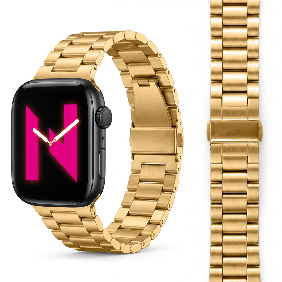 NALIA Mova Edelstahl Armband kompatibel mit Apple Watch Armband iWatch Series SE/10/9/8/7/6/5/4/3/2/1, 38/40/41/42mm, Metall Ersatzarmband mit Doppelfaltschließe, Rostfrei Königs Gold NALIA Metall Armband