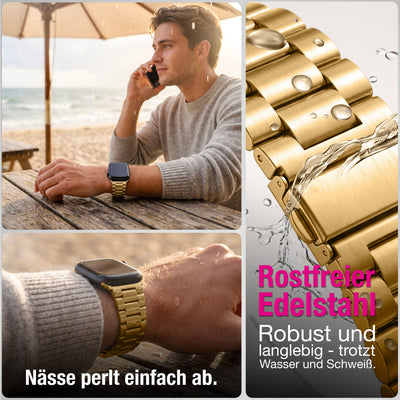 NALIA Mova Edelstahl Armband kompatibel mit Apple Watch Armband iWatch Series SE/10/9/8/7/6/5/4/3/2/1, 38/40/41/42mm, Metall Ersatzarmband mit Doppelfaltschließe, Rostfrei Königs Gold NALIA Metall Armband