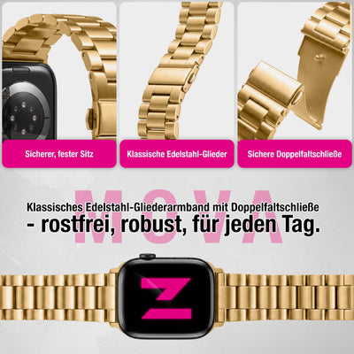 NALIA Mova Edelstahl Armband kompatibel mit Apple Watch Armband iWatch Series SE/10/9/8/7/6/5/4/3/2/1, 38/40/41/42mm, Metall Ersatzarmband mit Doppelfaltschließe, Rostfrei Königs Gold NALIA Metall Armband
