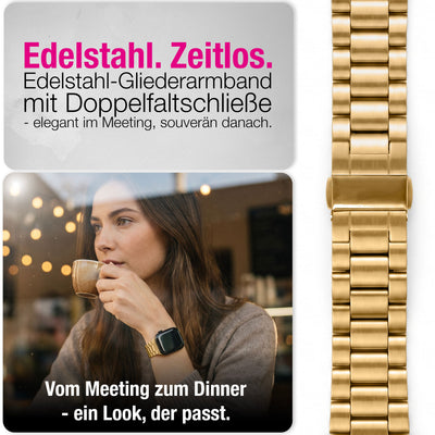NALIA Mova Edelstahl Armband kompatibel mit Apple Watch Armband iWatch Series SE/10/9/8/7/6/5/4/3/2/1, 38/40/41/42mm, Metall Ersatzarmband mit Doppelfaltschließe, Rostfrei Königs Gold NALIA Metall Armband
