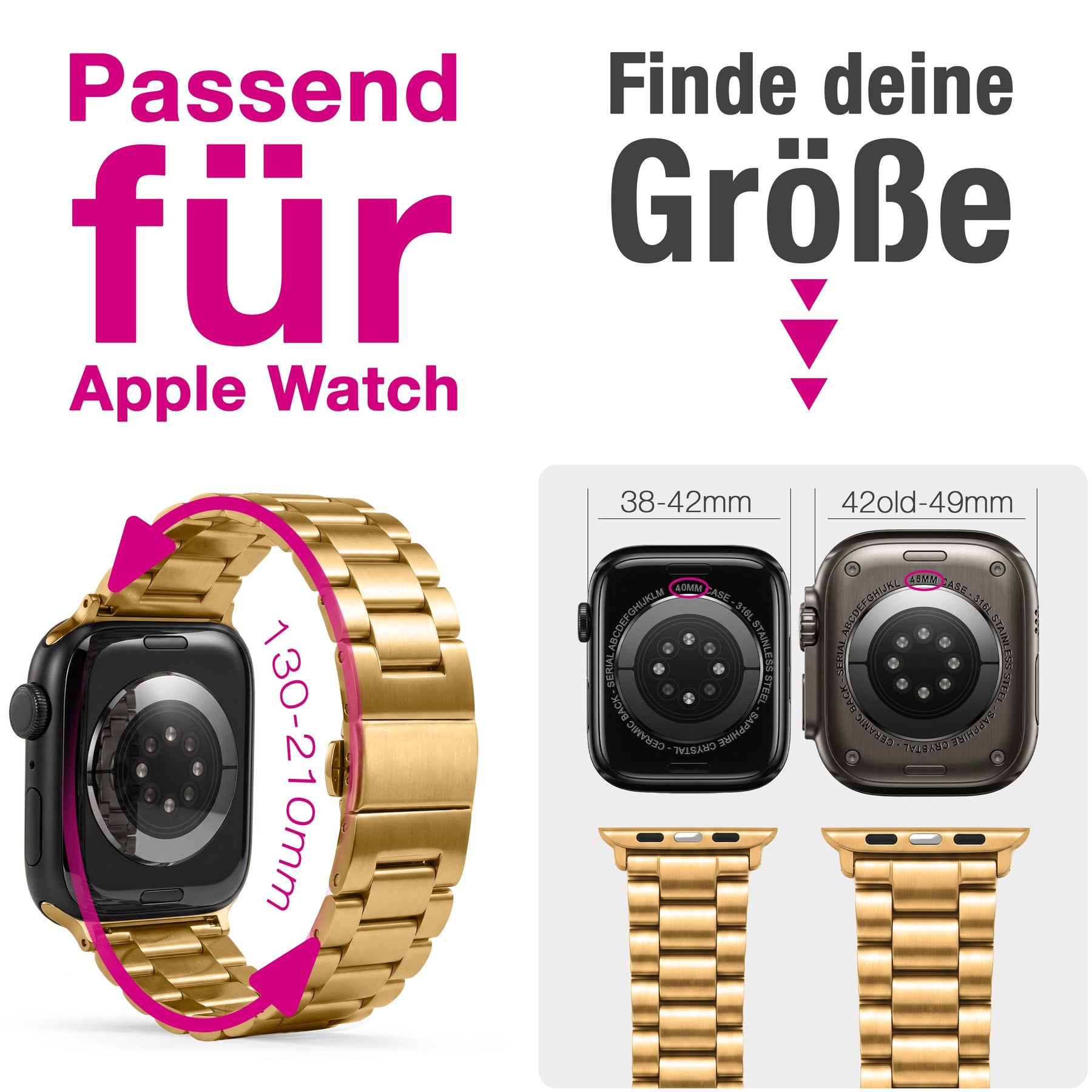 NALIA Mova Edelstahl Armband kompatibel mit Apple Watch Armband iWatch Series SE/10/9/8/7/6/5/4/3/2/1, 38/40/41/42mm, Metall Ersatzarmband mit Doppelfaltschließe, Rostfrei Königs Gold NALIA Metall Armband