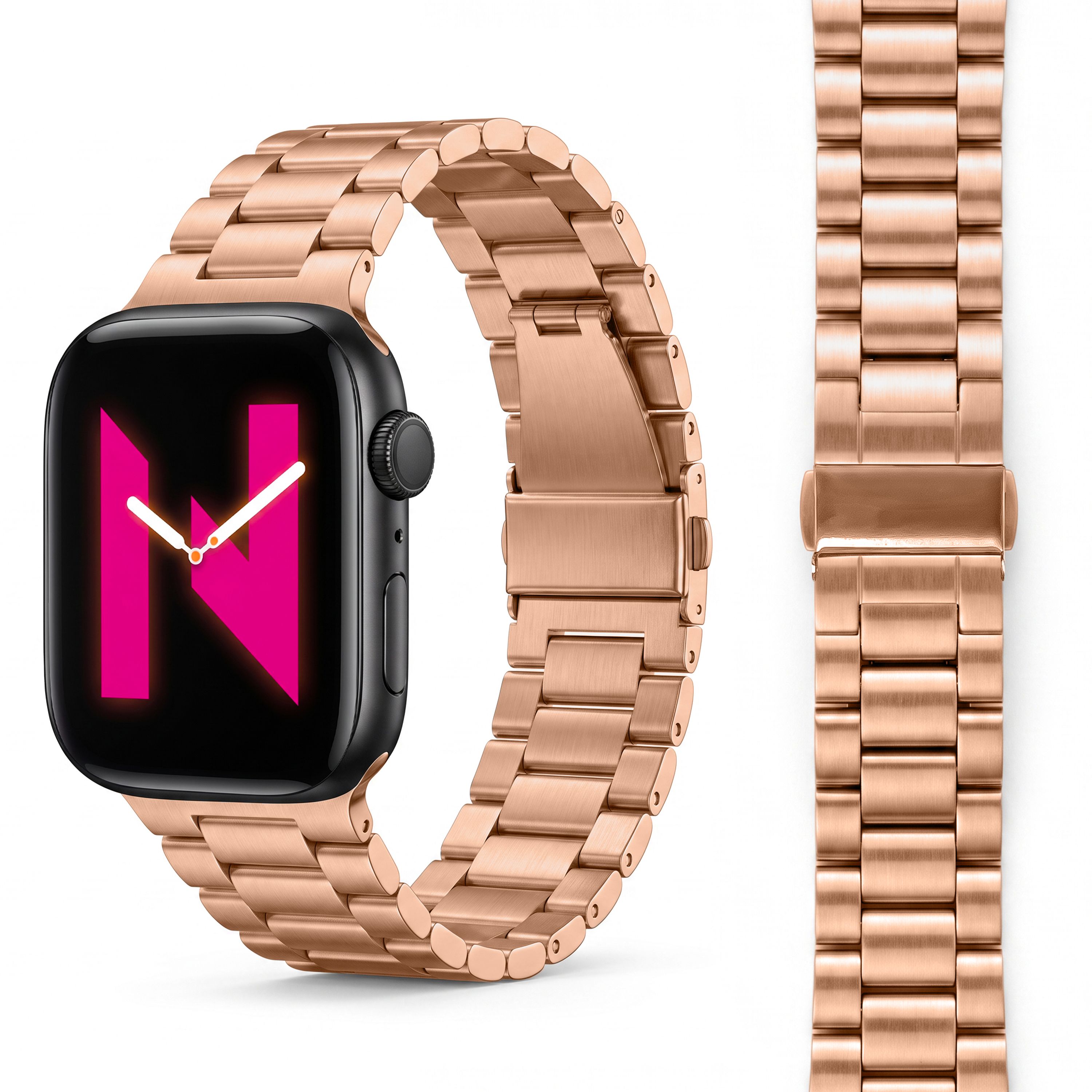 NALIA Mova Edelstahl Armband kompatibel mit Apple Watch Armband iWatch Series SE/10/9/8/7/6/5/4/3/2/1, 38/40/41/42mm, Metall Ersatzarmband mit Doppelfaltschließe, Rostfrei Kupferrosé NALIA Metall Armband