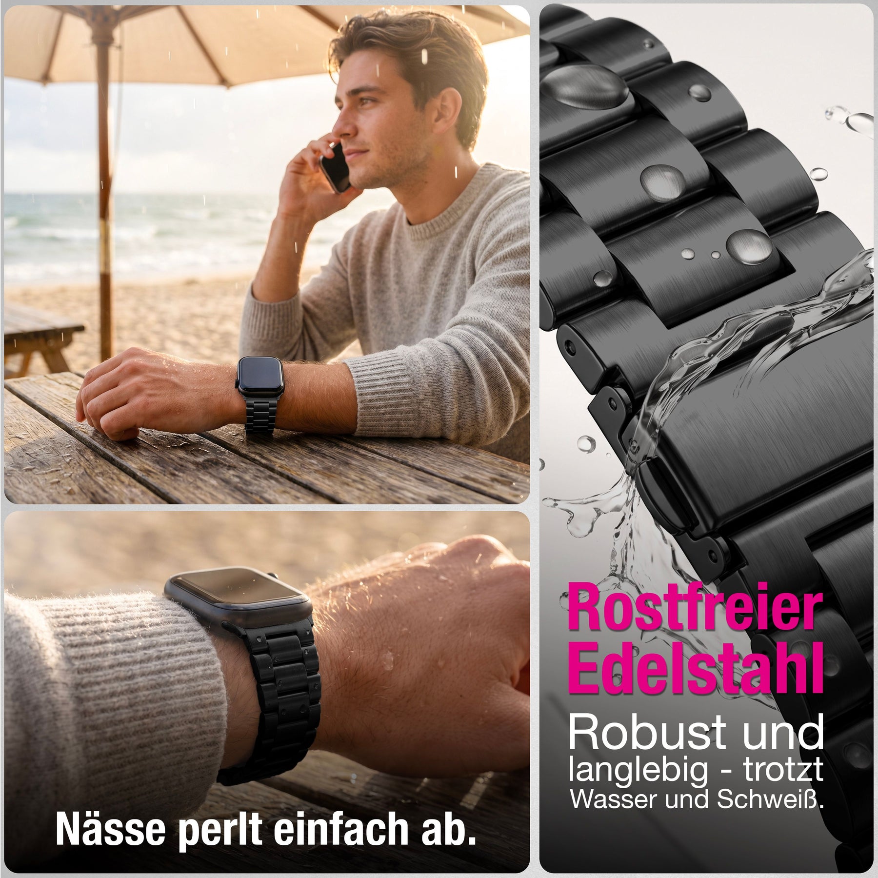 NALIA Mova Edelstahl Armband kompatibel mit Apple Watch Armband iWatch Series SE/10/9/8/7/6/5/4/3/2/1, 38/40/41/42mm, Metall Ersatzarmband mit Doppelfaltschließe, Rostfrei Tiefschwarz NALIA Metall Armband