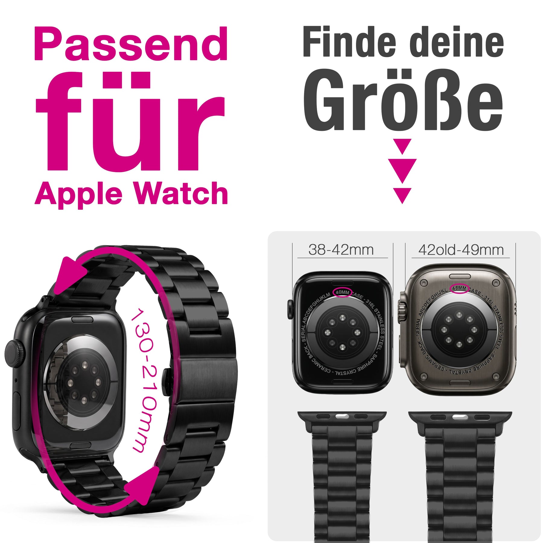 NALIA Mova Edelstahl Armband kompatibel mit Apple Watch Armband iWatch Series SE/10/9/8/7/6/5/4/3/2/1, 38/40/41/42mm, Metall Ersatzarmband mit Doppelfaltschließe, Rostfrei Tiefschwarz NALIA Metall Armband