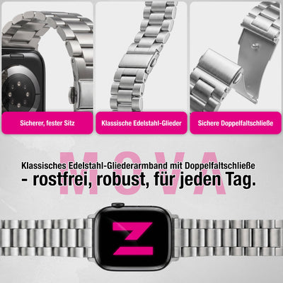 NALIA Mova Edelstahl Armband kompatibel mit Apple Watch Armband iWatch Series SE/10/9/8/7/6/5/4/3/2/1, 38/40/41/42mm, Metall Ersatzarmband mit Doppelfaltschließe, Rostfrei Eisstern Silber NALIA Metall Armband