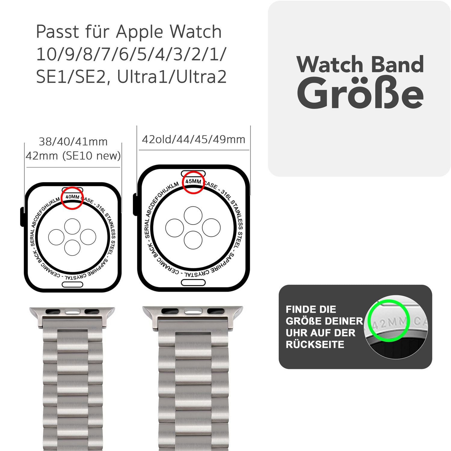 NALIA Mova Armband für Apple Watch Ultra/SE/10/9/8/7/6/5/4/3/2/1, Gehäusegröße 42/44/45/46/49mm, Edelstahl Ersatzarmband mit Doppelfaltschließe, Metall Rostfrei Eisstern Silber NALIA Metall Armband