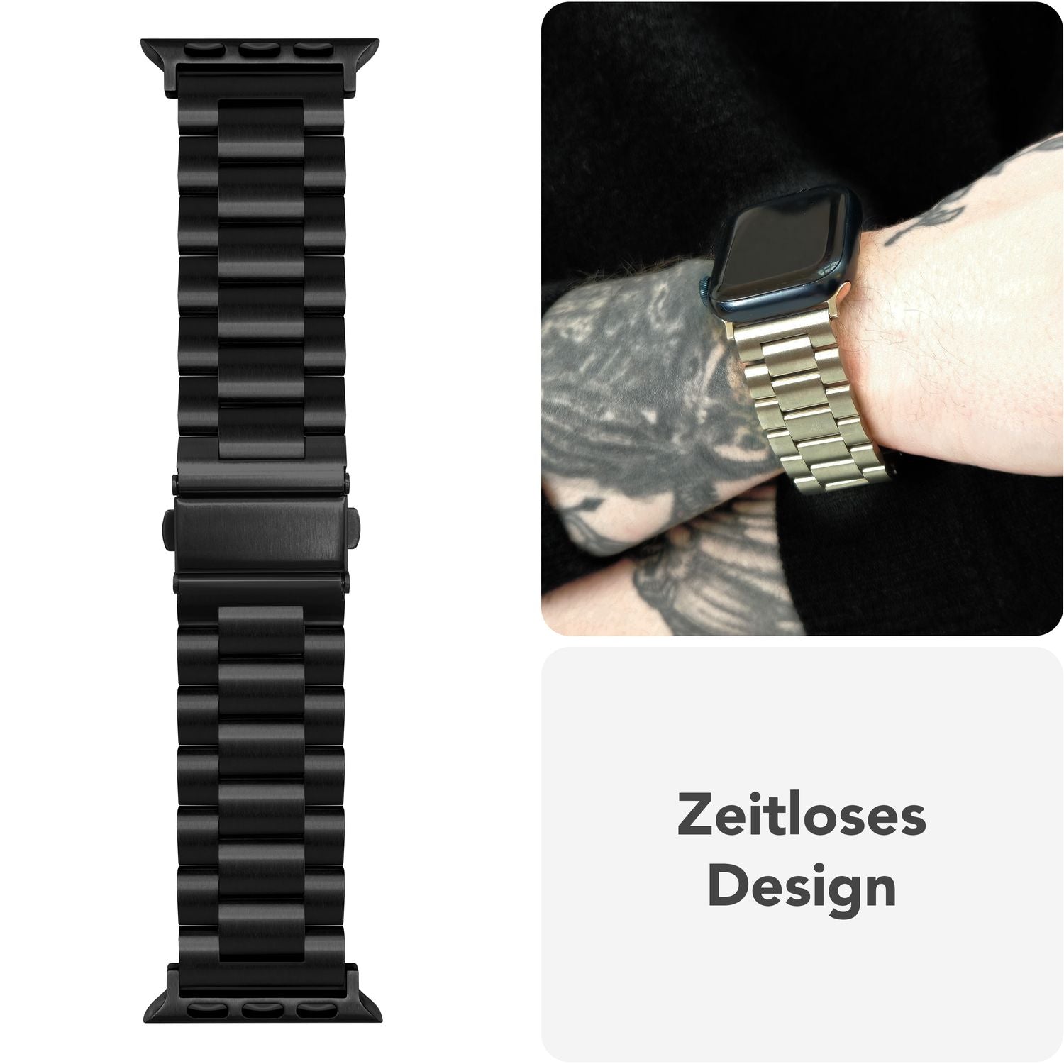 NALIA Mova Armband für Apple Watch Ultra/SE/10/9/8/7/6/5/4/3/2/1, Gehäusegröße 42/44/45/46/49mm, Edelstahl Ersatzarmband mit Doppelfaltschließe, Metall Rostfrei Tiefschwarz NALIA Metall Armband