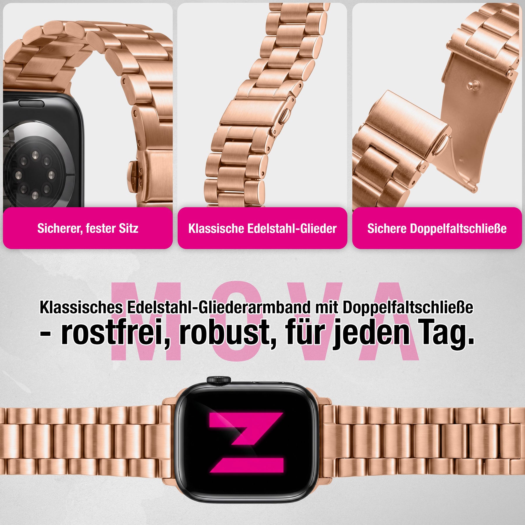 NALIA Mova Edelstahl Armband kompatibel mit Apple Watch Armband Series Ultra/SE 10/9/8/7/6/5/4/3/2/1, 42/44/45/46/49mm, Metall Ersatzarmband mit Doppelfaltschließe, Rostfrei Kupferrosé NALIA Metall Armband