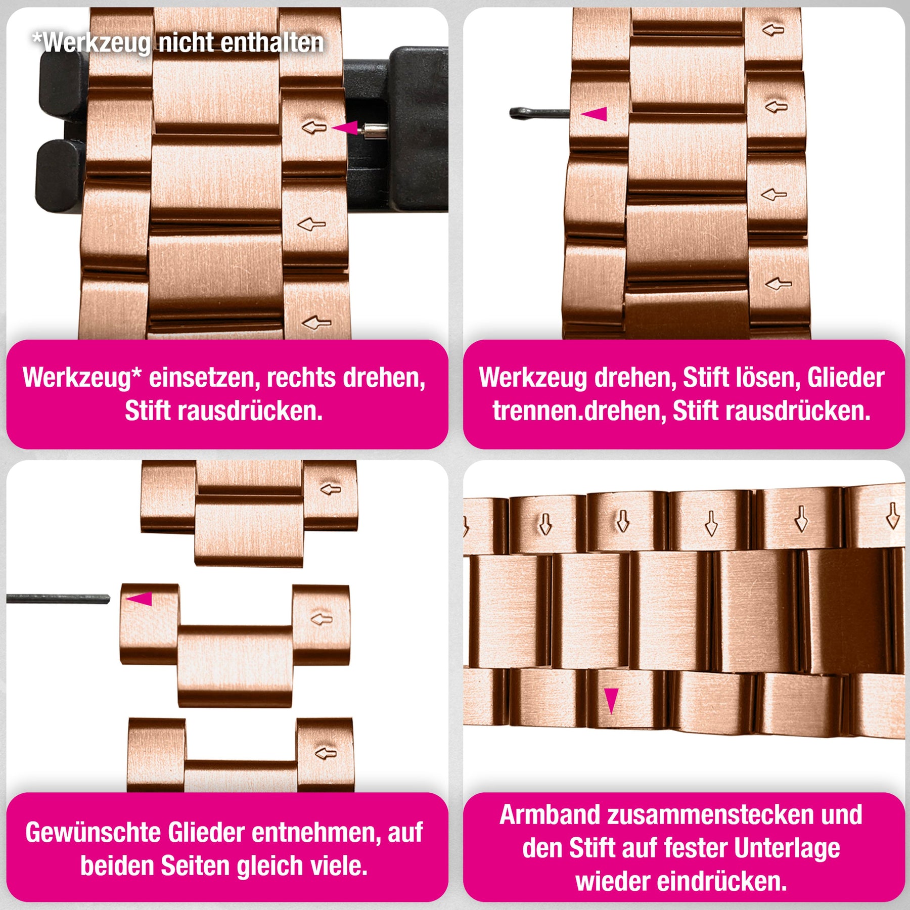NALIA Mova Edelstahl Armband kompatibel mit Apple Watch Armband Series Ultra/SE 10/9/8/7/6/5/4/3/2/1, 42/44/45/46/49mm, Metall Ersatzarmband mit Doppelfaltschließe, Rostfrei Kupferrosé NALIA Metall Armband