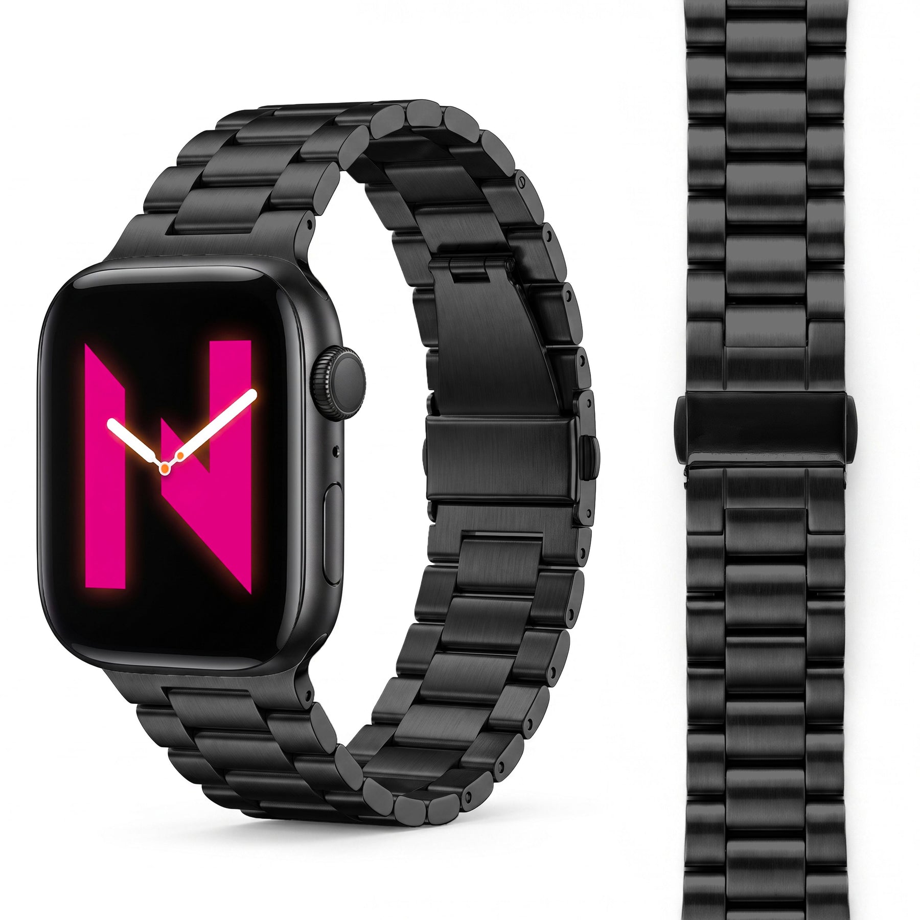 NALIA Mova Edelstahl Armband kompatibel mit Apple Watch Armband Series Ultra/SE 10/9/8/7/6/5/4/3/2/1, 42/44/45/46/49mm, Metall Ersatzarmband mit Doppelfaltschließe, Rostfrei Tiefschwarz NALIA Metall Armband