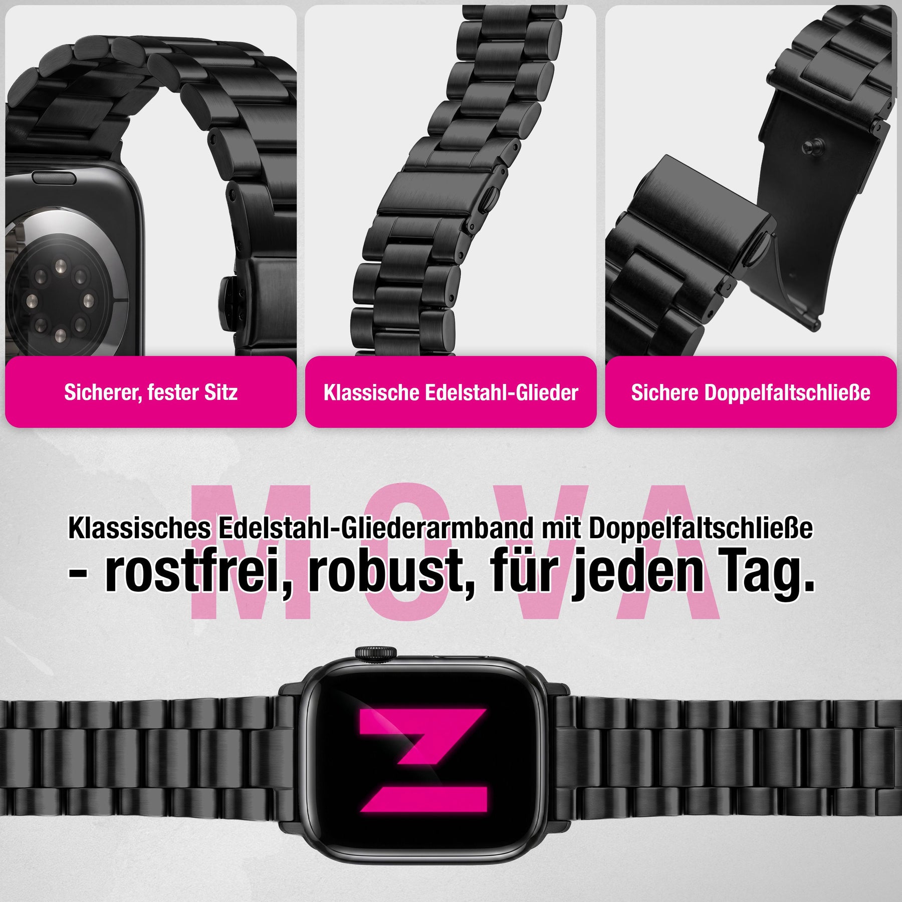 NALIA Mova Edelstahl Armband kompatibel mit Apple Watch Armband Series Ultra/SE 10/9/8/7/6/5/4/3/2/1, 42/44/45/46/49mm, Metall Ersatzarmband mit Doppelfaltschließe, Rostfrei Tiefschwarz NALIA Metall Armband