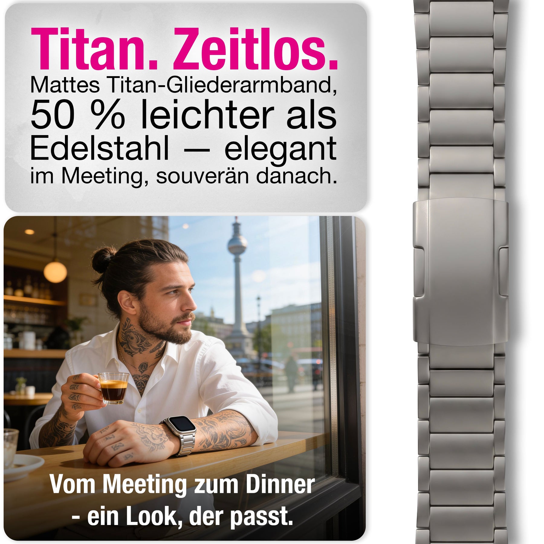NALIA Argon Titan Armband kompatibel mit Apple Watch Armband iWatch Series SE/10/9/8/7/6/5/4/3/2/1, 38/40/41/42mm, Metall Ersatzarmband mit Faltschließe, Matt, Leicht, Rostfrei Titan Natur NALIA Metall Armband