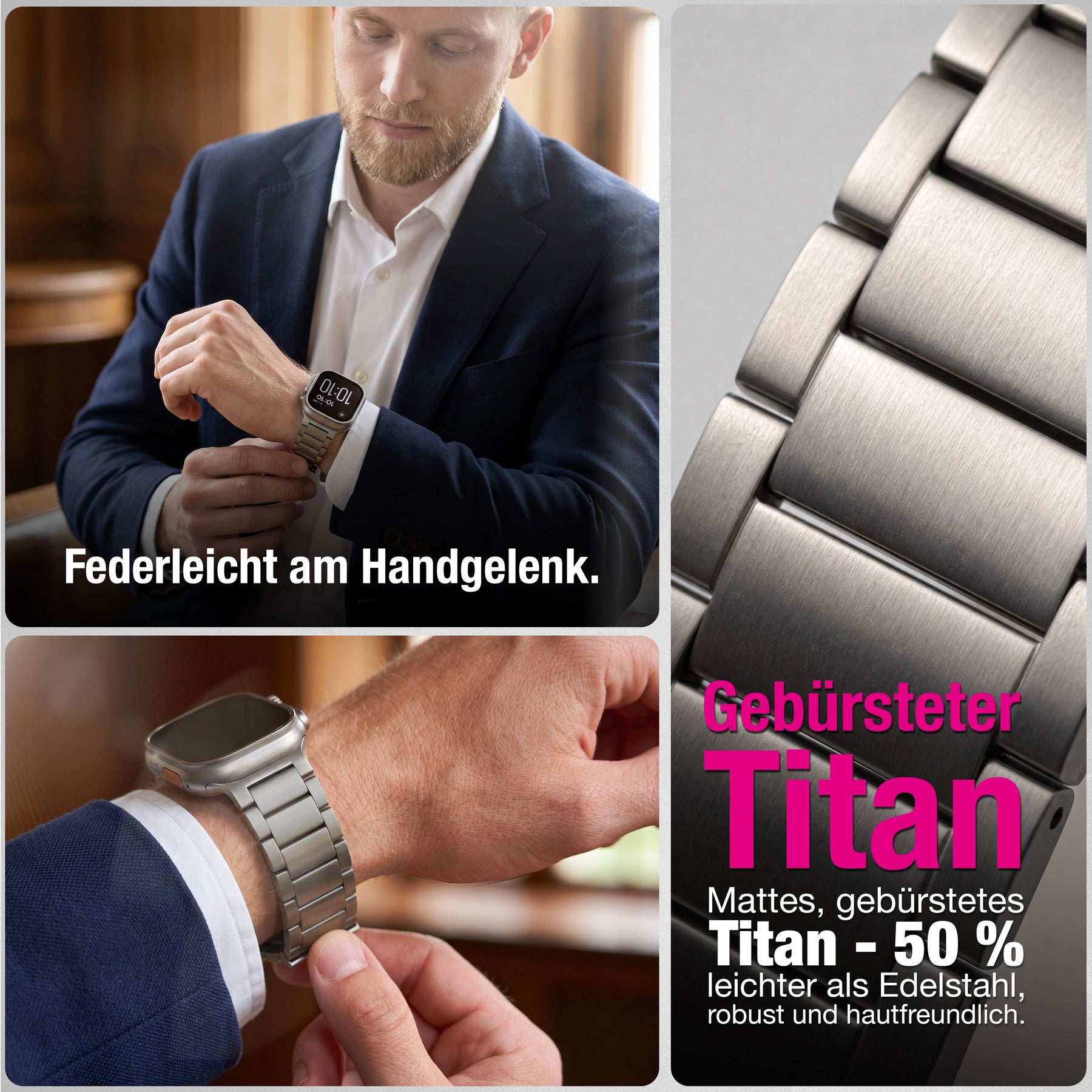 NALIA Argon Titan Armband kompatibel mit Apple Watch Armband iWatch Series SE/10/9/8/7/6/5/4/3/2/1, 38/40/41/42mm, Metall Ersatzarmband mit Faltschließe, Matt, Leicht, Rostfrei Titan Natur NALIA Metall Armband