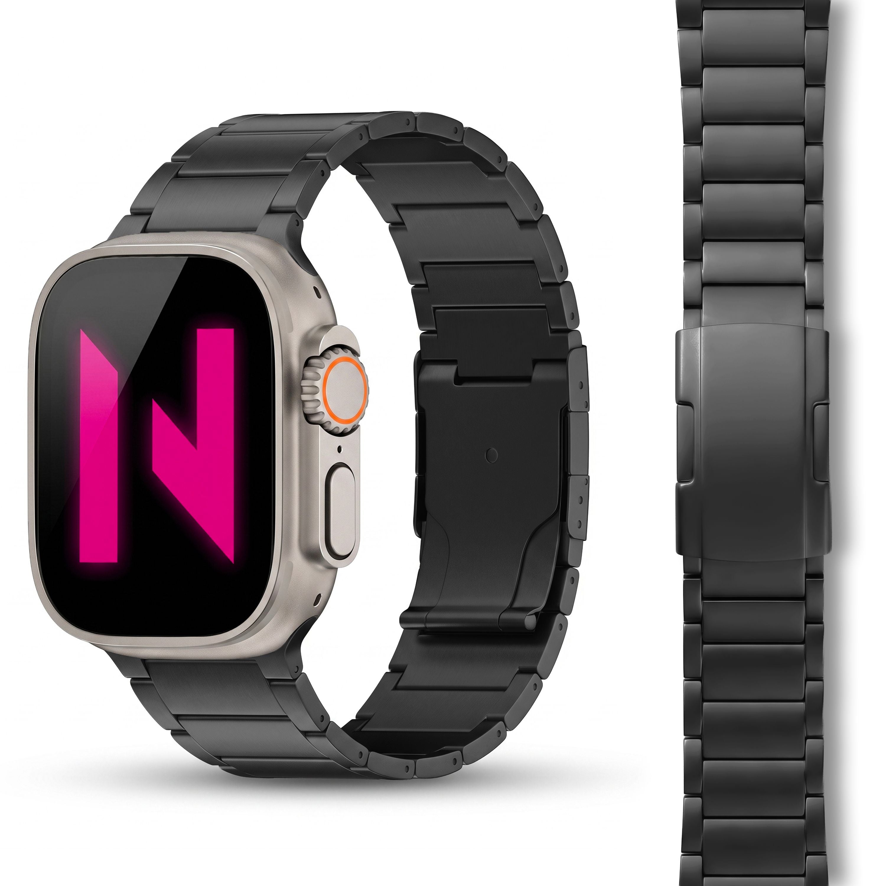 NALIA Argon Titan Armband kompatibel mit Apple iWatch Ultra/SE Series 10 9 8 7 6 5 4 3 2 1 42/44/45/46/49mm, Metall Ersatzarmband mit Doppelfaltschließe, Metallarmband Rostfrei Titan Schwarz NALIA Metall Armband