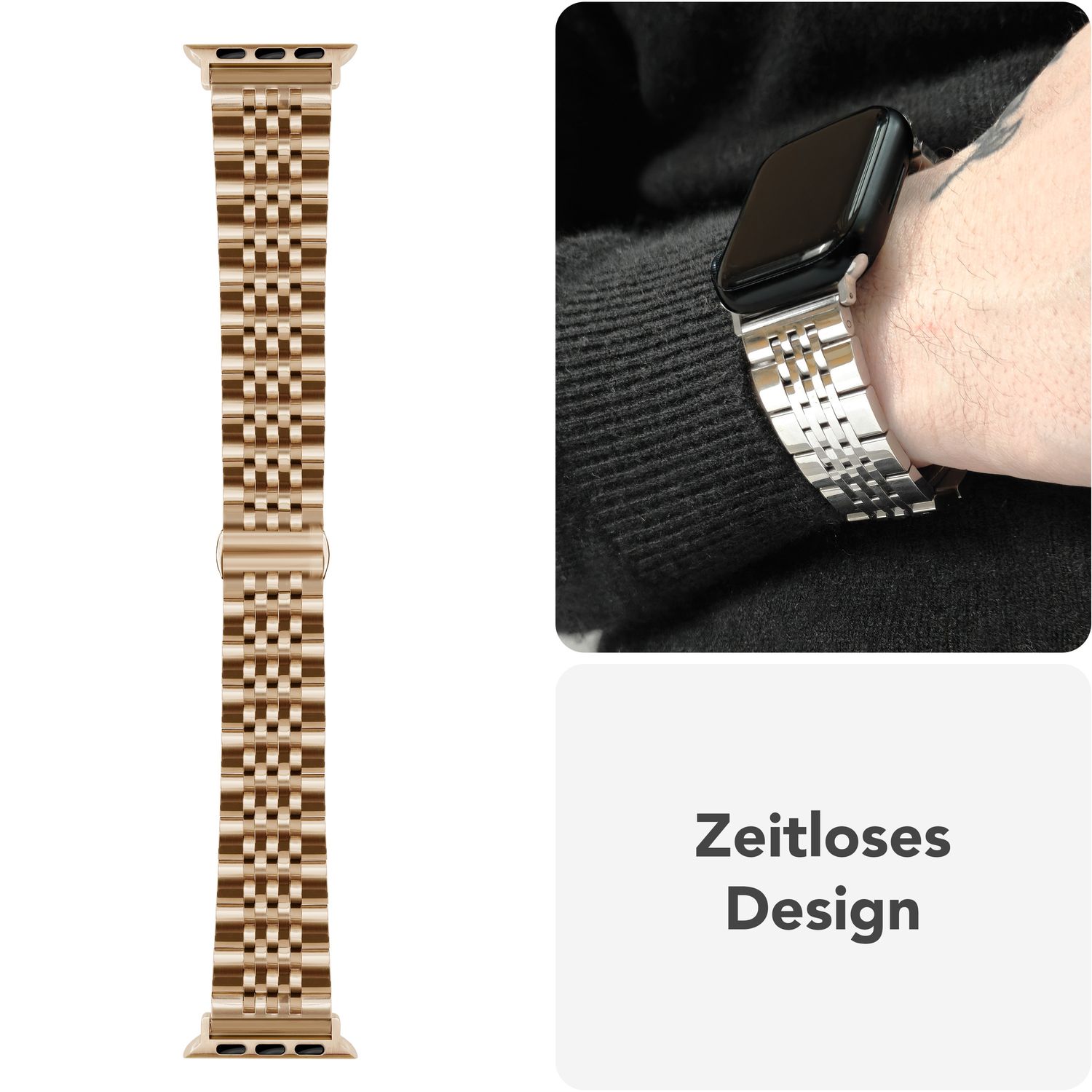 NALIA Trivo Edelstahl Armband für Apple Watch SE/10/9/8/7/6/5/4/3/2/1, Gehäusegröße 38/40/41/42mm, Metall Ersatzarmband Rostfrei mit Schmetterlingsschließe Champagner Gold NALIA Metall Armband