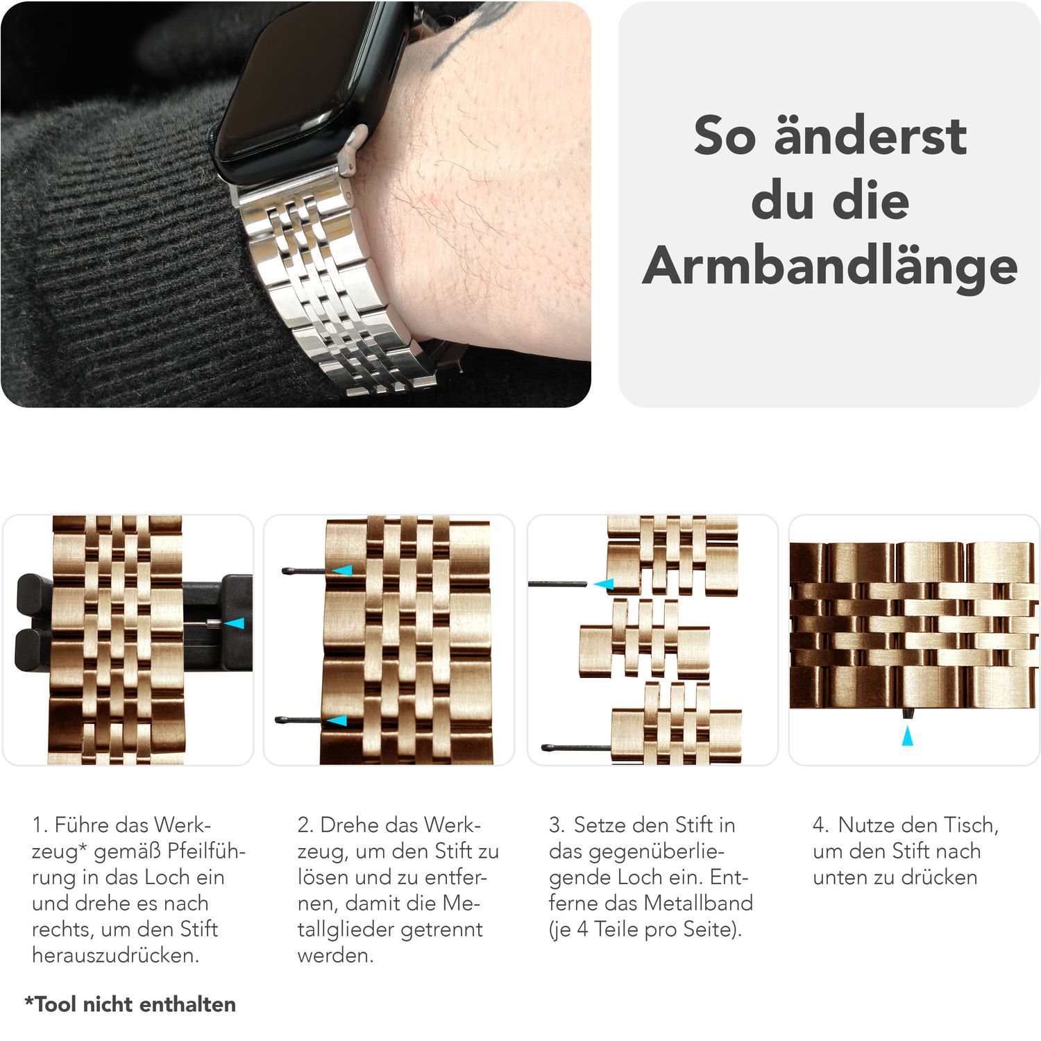 NALIA Trivo Edelstahl Armband für Apple Watch Ultra/SE/10/9/8/7/6/5/4/3/2/1, Gehäusegröße 42/44/45/46/49mm, Metall Ersatzarmband Rostfrei mit Schmetterlingsschließe Champagner Gold NALIA Metall Armband