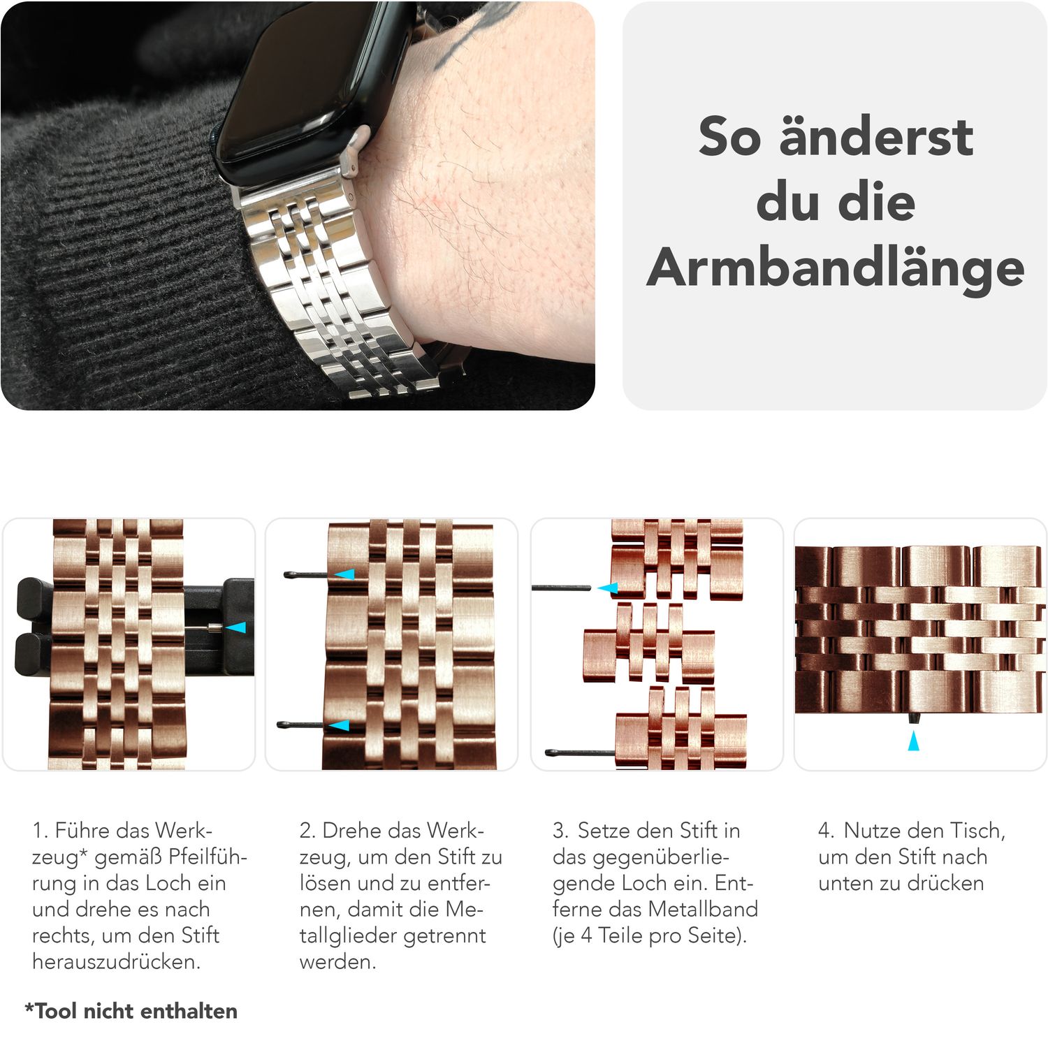 NALIA Trivo Edelstahl Armband für Apple Watch Ultra/SE/10/9/8/7/6/5/4/3/2/1, Gehäusegröße 42/44/45/46/49mm, Metall Ersatzarmband Rostfrei mit Schmetterlingsschließe Kupferrosé NALIA Metall Armband