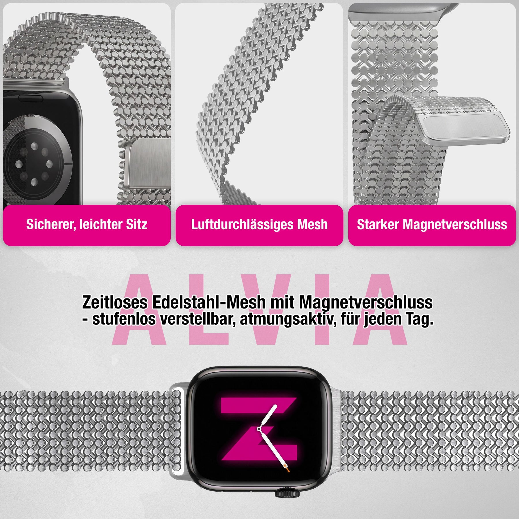 NALIA Alvia Edelstahl Armband kompatibel mit Apple Watch Armband SE/iWatch Series 10 9 8 7 6 5 4 3 2 1, 38/40/41/42mm, Magnetisches Mesh Loop-Armband, Metall Band Atmungsaktiv Eisstern Silber NALIA Metall Armband