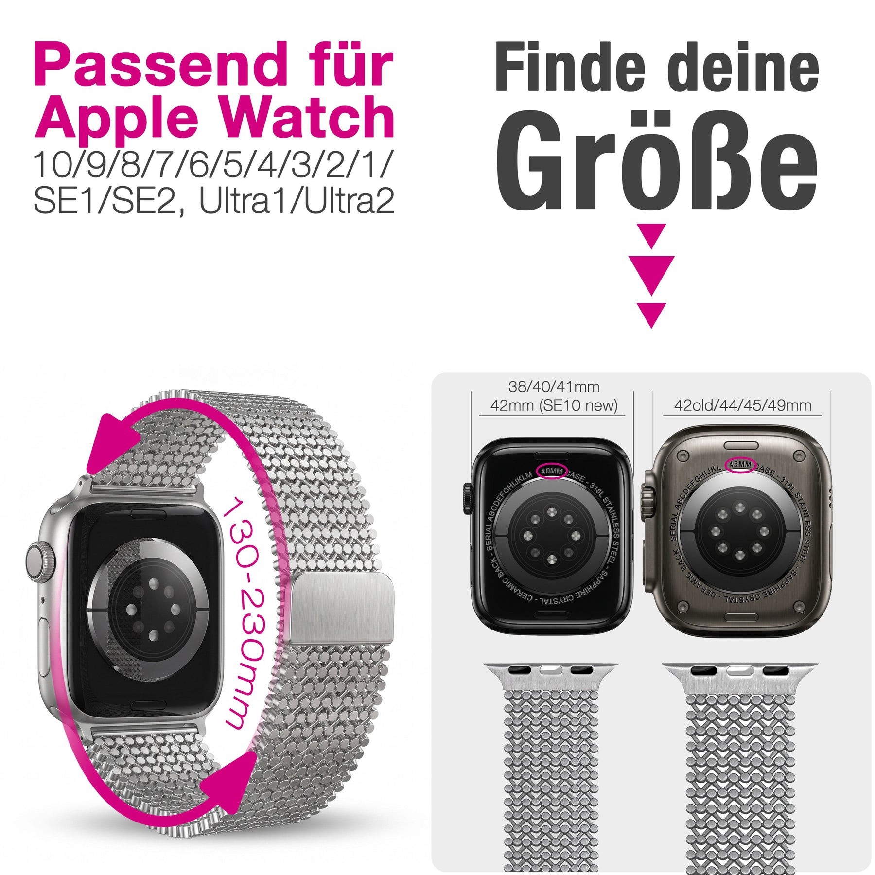 NALIA Alvia Edelstahl Armband kompatibel mit Apple Watch Armband SE/iWatch Series 10 9 8 7 6 5 4 3 2 1, 38/40/41/42mm, Magnetisches Mesh Loop-Armband, Metall Band Atmungsaktiv Eisstern Silber NALIA Metall Armband
