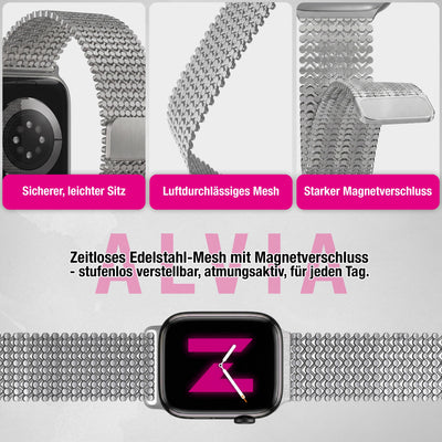 NALIA Alvia Edelstahl Armband kompatibel mit Apple Watch Armband Ultra/SE Series 10 9 8 7 6 5 4 3 2 1, 42/44/45/46/49mm, Magnetisches Metall Mesh Loop-Armband, Atmungsaktiv Eisstern Silber NALIA Metall Armband