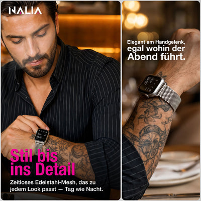 NALIA Alvia Edelstahl Armband kompatibel mit Apple Watch Armband Ultra/SE Series 10 9 8 7 6 5 4 3 2 1, 42/44/45/46/49mm, Magnetisches Metall Mesh Loop-Armband, Atmungsaktiv Eisstern Silber NALIA Metall Armband