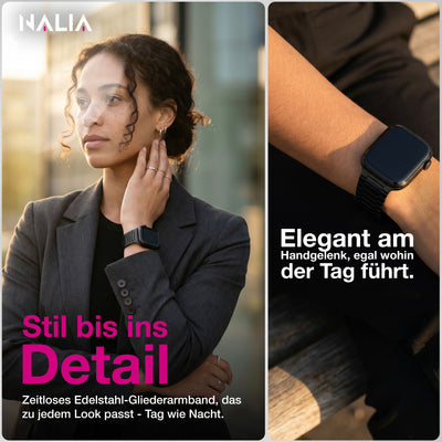 NALIA Chronos Edelstahl Armband kompatibel mit Apple Watch Armband SE iWatch Series 10 9 8 7 6 5 4 3 2 1 38/40/41/42mm, Magnetisches Loop-Armband aus Metall mit Schnellverschluss Nachtschwarz NALIA Metall Armband