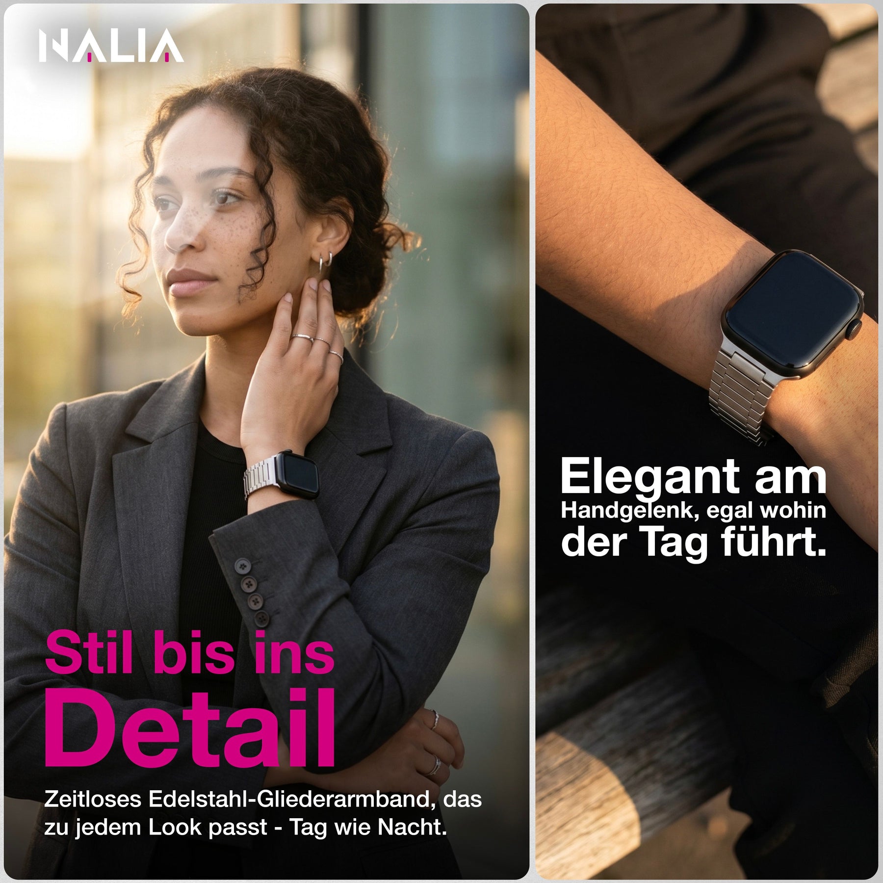 NALIA Chronos Edelstahl Armband kompatibel mit Apple Watch Armband SE iWatch Series 10 9 8 7 6 5 4 3 2 1 38/40/41/42mm, Magnetisches Loop-Armband aus Metall mit Schnellverschluss Mondsilber NALIA Metall Armband