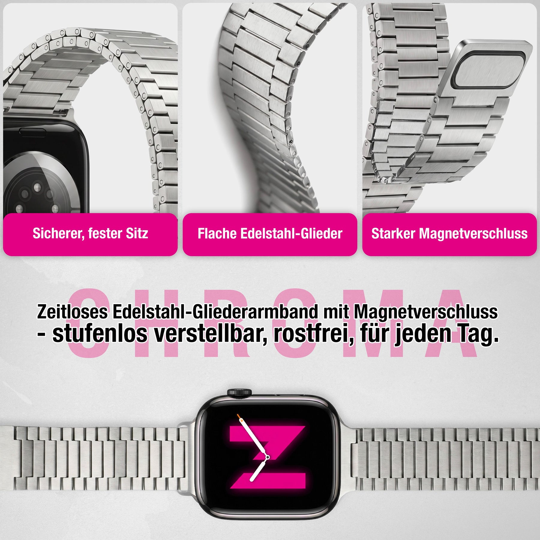 NALIA Chronos Edelstahl Armband kompatibel mit Apple Watch Armband SE iWatch Series 10 9 8 7 6 5 4 3 2 1 38/40/41/42mm, Magnetisches Loop-Armband aus Metall mit Schnellverschluss Mondsilber NALIA Metall Armband