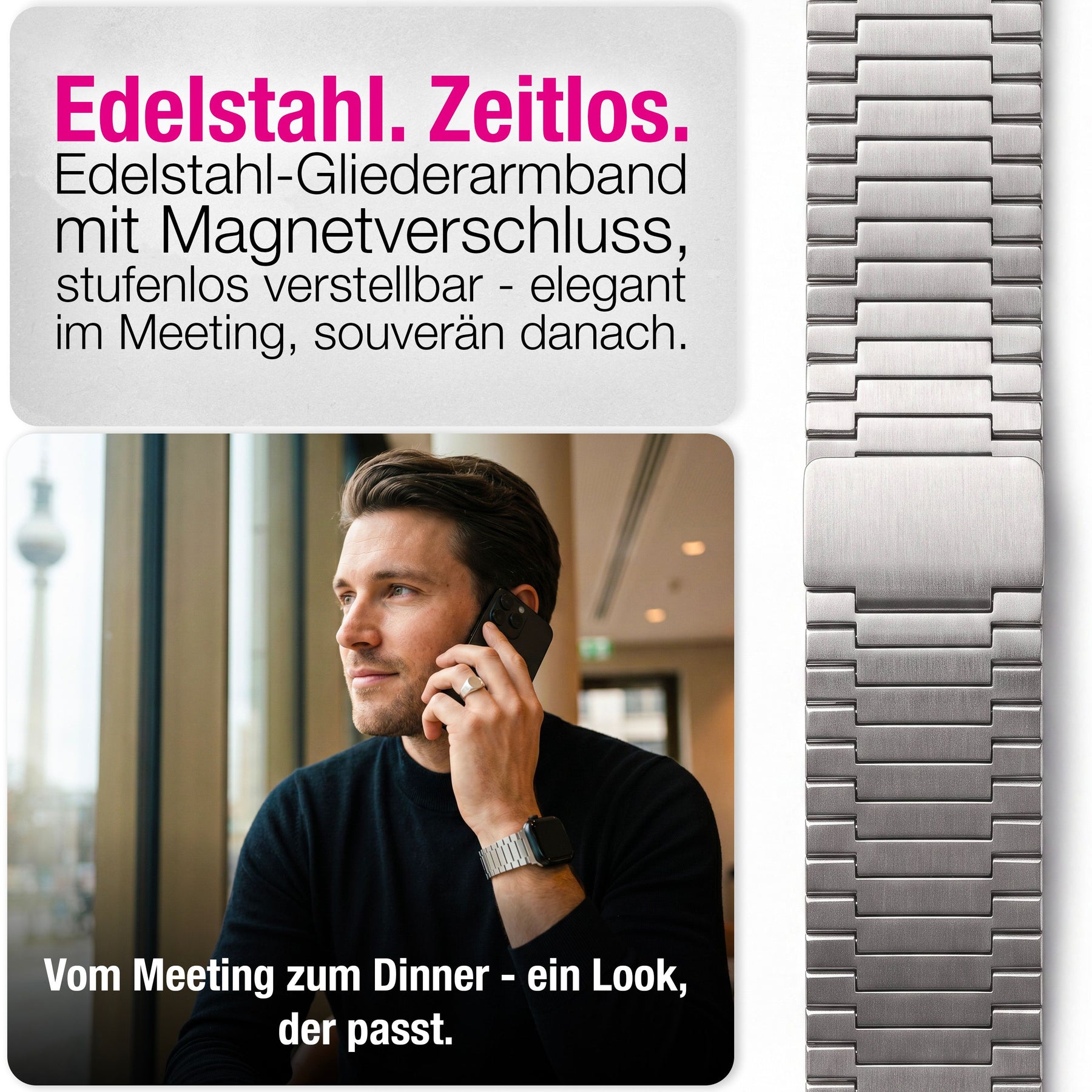 NALIA Chronos Edelstahl Armband kompatibel mit Apple Watch Armband SE iWatch Series 10 9 8 7 6 5 4 3 2 1 38/40/41/42mm, Magnetisches Loop-Armband aus Metall mit Schnellverschluss Mondsilber NALIA Metall Armband