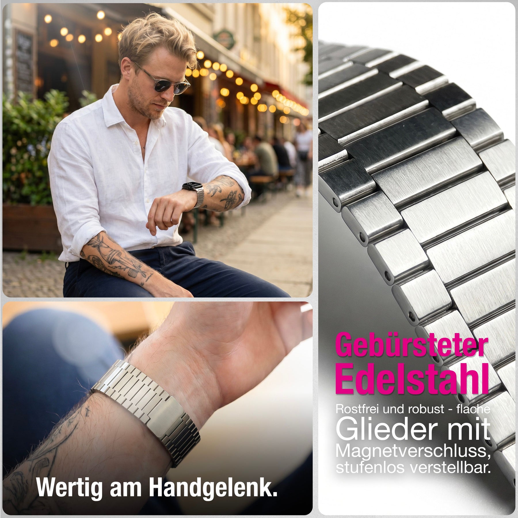 NALIA Chronos Edelstahl Armband kompatibel mit Apple Watch Armband SE iWatch Series 10 9 8 7 6 5 4 3 2 1 38/40/41/42mm, Magnetisches Loop-Armband aus Metall mit Schnellverschluss Mondsilber NALIA Metall Armband