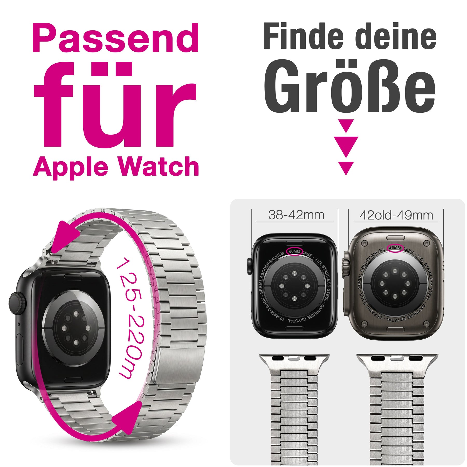 NALIA Chronos Edelstahl Armband kompatibel mit Apple Watch Armband SE iWatch Series 10 9 8 7 6 5 4 3 2 1 38/40/41/42mm, Magnetisches Loop-Armband aus Metall mit Schnellverschluss Mondsilber NALIA Metall Armband