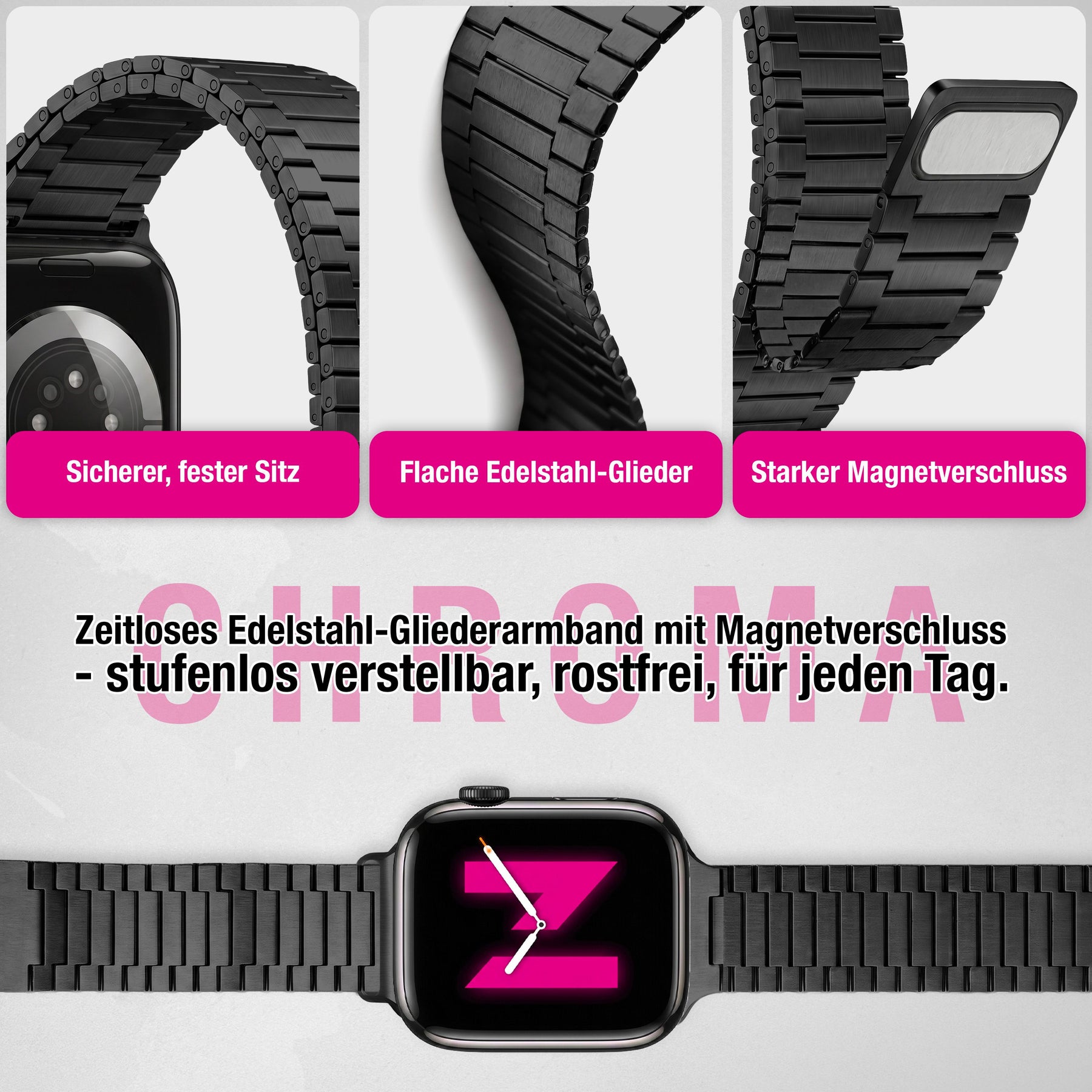 NALIA Chronos Metall Armband kompatibel mit Apple Watch Armband Ultra/SE iWatch Series 10 9 8 7 6 5 4 3 2 1, 42/44/45/46/49mm, Edelstahl Loop-Armband Magnetverschluss, Rostfrei Nachtschwarz NALIA Metall Armband