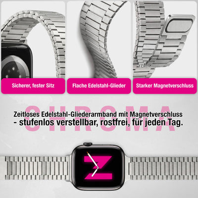 NALIA Chronos Metall Armband kompatibel mit Apple Watch Armband Ultra/SE iWatch Series 10 9 8 7 6 5 4 3 2 1, 42/44/45/46/49mm, Edelstahl Loop-Armband Magnetverschluss, Rostfrei Mondsilber NALIA Metall Armband