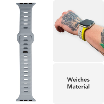 NALIA Motion Armband für Apple Watch Ultra/SE/10/9/8/7/6/5/4/3/2/1, Gehäusegröße 42/44/45/46/49mm, Soft Silikon Ersatz Sportarmband mit Steck-Pin Verschluss Sandgrau NALIA Silikon Armband