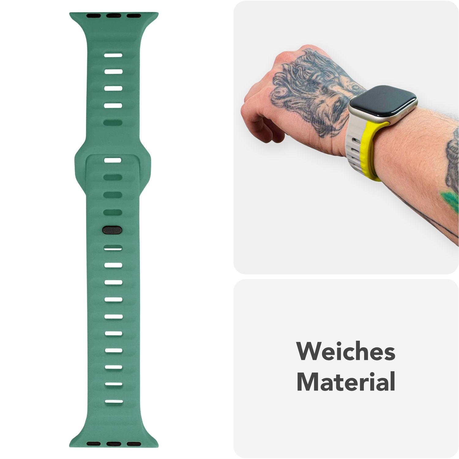 NALIA Motion Armband für Apple Watch Ultra/SE/10/9/8/7/6/5/4/3/2/1, Gehäusegröße 42/44/45/46/49mm, Soft Silikon Ersatz Sportarmband mit Steck-Pin Verschluss Fichtengrün NALIA Silikon Armband