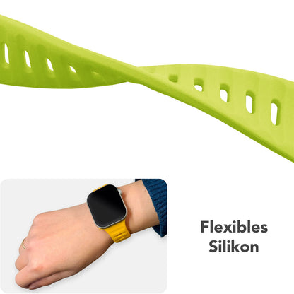 NALIA Motion Armband für Apple Watch Ultra/SE/10/9/8/7/6/5/4/3/2/1, Gehäusegröße 42/44/45/46/49mm, Soft Silikon Ersatz Sportarmband mit Steck-Pin Verschluss Neon Gelb NALIA Silikon Armband