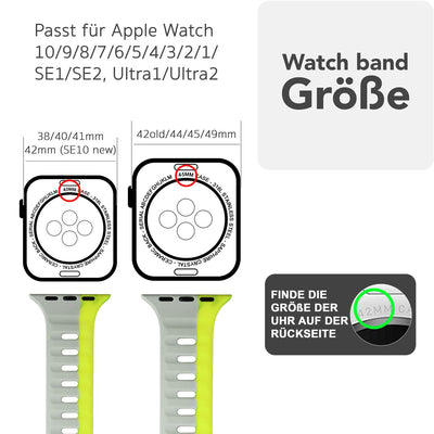 NALIA Motion Silikon Armband kompatibel mit Apple Watch Armband iWatch Series Ultra/SE 10 9 8 7 6 5 4 3 2 1, 42/44/45/46/49mm, Ersatzarmband Sportarmband Steck-Pin Verschluss Leuchtgelb Grau NALIA Silikon Armband