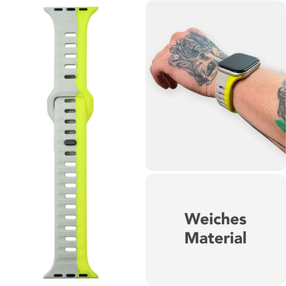 NALIA Motion Armband für Apple Watch Ultra/SE/10/9/8/7/6/5/4/3/2/1, Gehäusegröße 42/44/45/46/49mm, Soft Silikon Ersatz Sportarmband mit Steck-Pin Verschluss Leuchtgelb Grau NALIA Silikon Armband